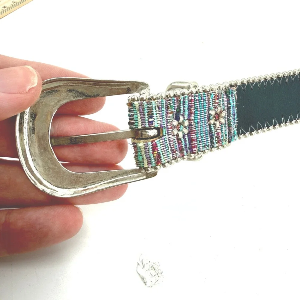 Elite Belt Women ML Multicolor Woven Metallic Beaded Silver Buckle Boho 1072
